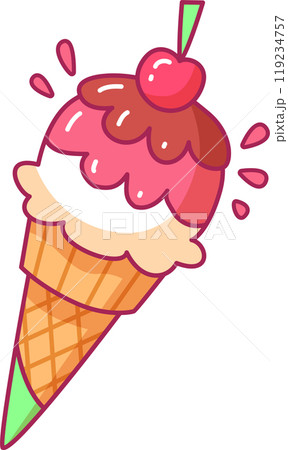 A vibrant ice cream cone features scoops of pink and white ice cream topped with a cherry and surrounded by chocolate drizzle evoking a fun sweet treat A vibrant ice cream cone features scoops of pink and white ice cream topped with a cherry and surrounded by chocolate drizzle evoking a fun sweet treat 119234757