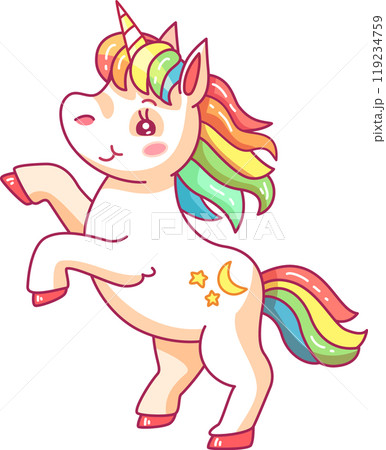 This cheerful unicorn sways gracefully on its hind legs showcasing a vibrant mane and tail. Its friendly expression captures the essence of magic and joy 119234759
