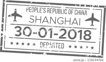 This visual depicts a departure stamp from Shanghai China showing the date January 30 2018 and symbols of airplanes reflecting international travel and journey 119234768