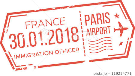 The passport stamp features the date January 30 2018 indicating entry into France at the Paris airport signifying the immigration process 119234771