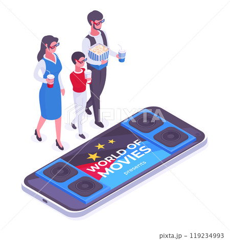 Isometric family in movie theatre. Cinema theatre visitors, dad, mom and kid carrying popcorn and soda, wearing 3D glasses flat vector illustration. Movie theatre concept Isometric family in movie theatre. Cinema theatre visitors, dad, mom and kid carrying popcorn and soda, wearing 3D glasses flat vector illustration. Movie theatre concept 119234993