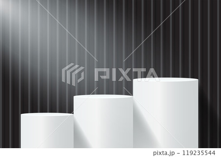 Abstract 3D black podium background. Modern minimalist mockup for product display presentation. Realistic black cylinder pedestal podium. Abstract 3D black podium background. Modern minimalist mockup for product display presentation. Realistic black cylinder pedestal podium. 119235544