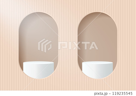 Abstract 3D beige podium background. Modern minimalist mockup for product display presentation. Realistic beige cylinder pedestal podium. Abstract 3D beige podium background. Modern minimalist mockup for product display presentation. Realistic beige cylinder pedestal podium. 119235545