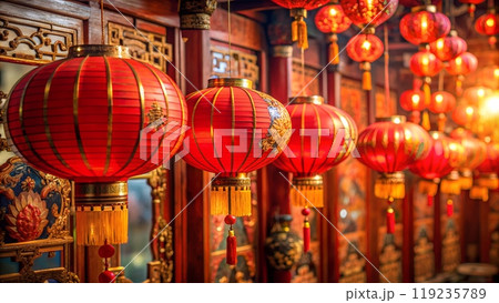 Luminous Chinese Temple Corridor at Dusk 119235789