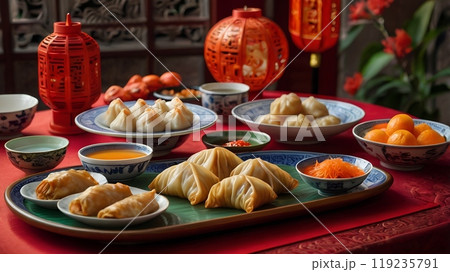 Luminous Chinese Temple Corridor at Dusk 119235791