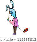 A toy blue hare examines a bolt in his hand. a toy is tied on a string. Vector illustration 119235812