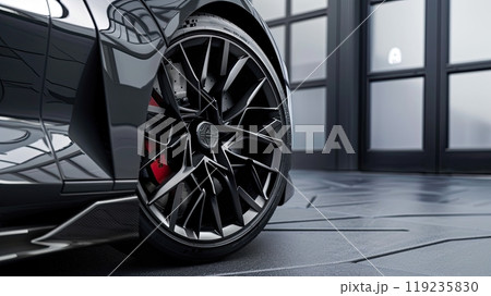 Satin Grey Car Wheel With Geometric Design, close up, with copy space 119235830