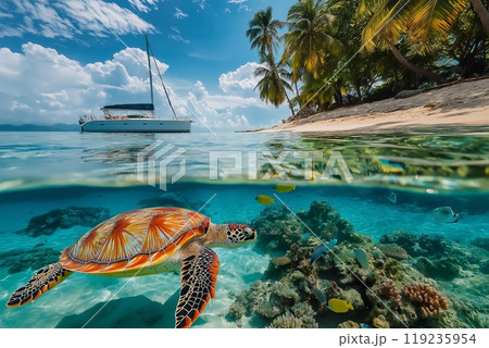 Tropical beach and coral reef fish underwater 119235954