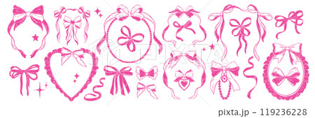Coquettish ribbon bow vector set, Valentine girly frame kit, romantic pink border, vintage accessory 119236228