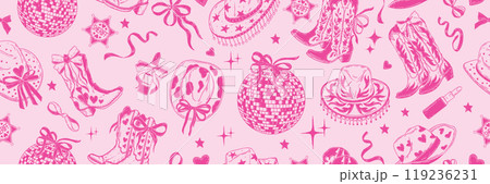 Cowgirl party seamless pattern, vector cowboy hat, western boots, bachelorette disco ball, ribbon. Cowgirl party seamless pattern, vector cowboy hat, western boots, bachelorette disco ball, ribbon. 119236231