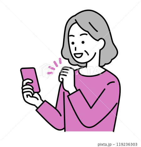スマートフォンの画面を見ながらガッツポーズをする年配の女性 119236303