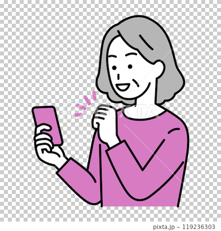 スマートフォンの画面を見ながらガッツポーズをする年配の女性 119236303