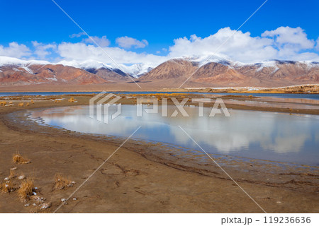 Shorkul lake and Pamir mountains near Murghab town, Tajikistan 119236636