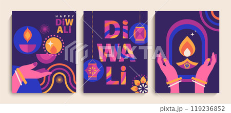 Set Diwali festival flyers with holiday symbols. Set Diwali festival flyers with holiday symbols. 119236852