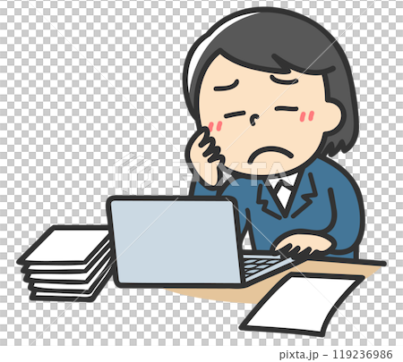 一名婦女拿著一堆文件在電腦前憂心忡忡的插圖 119236986