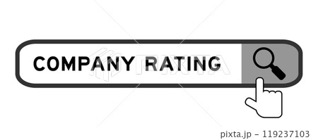 Search banner in word company rating with hand over magnifier icon on white background Search banner in word company rating with hand over magnifier icon on white background 119237103