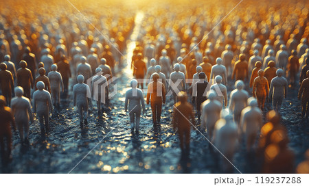 A 3D rendering of stick figures symbolizing the sociological concept of inclusion, where individuals of all genders, ages, origins, and abilities coexist in harmony. Generative AI 119237288