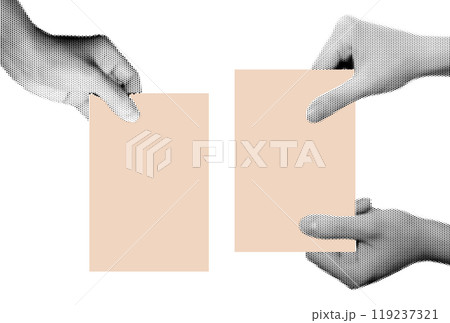 Halftone image of hands holding paper. Pop art retro style illustration 119237321