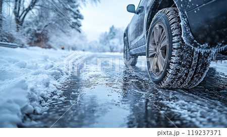 This striking photograph highlights a car equipped with winter tires, strategically positioned on a slippery road surface. Generative AI	 119237371