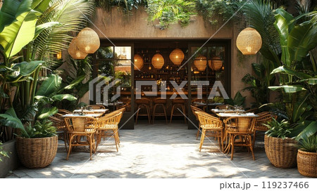 Empty tables waiting for customers at a mediterranean restaurant exterior 119237466