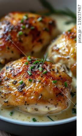 Delicious golden chicken thighs covered in creamy sauce and chives 119237467