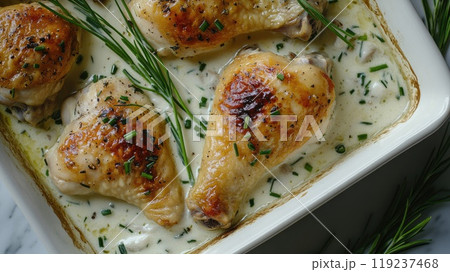 Chicken thighs are cooking in a creamy garlic sauce with chives 119237468