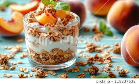 Delicious breakfast bowls with yogurt, granola, and fresh peaches on a blue background 119237638