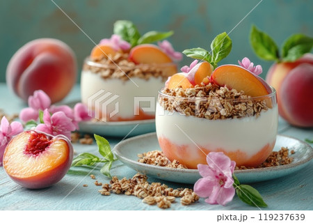 Two glasses of yogurt decorated with peach slices and flowers on a blue table 119237639