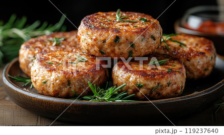 Delicious fried cutlets with herbs are lying on wooden board 119237640