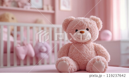 Teddy bear sitting on a cot in a pink bedroom for baby girl 119237642