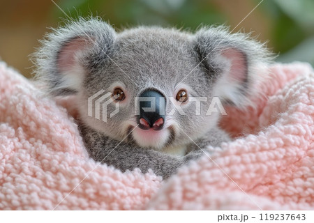 Adorable baby koala relaxing on pink soft blanket 119237643