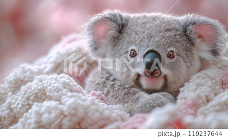 Adorable baby koala relaxing on a soft pink blanket 119237644