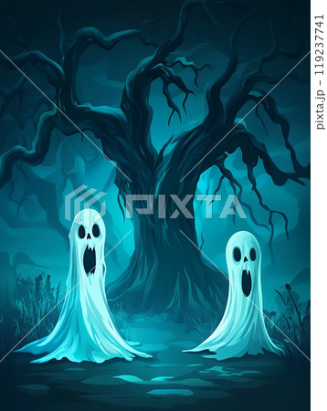Two ghostly figures stand in a shadowy forest. Two ghostly figures stand in a shadowy forest. 119237741