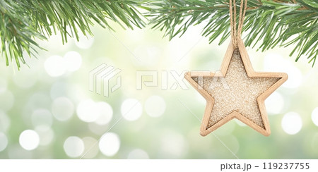 A wooden star ornament hangs from a pine branch. 119237755