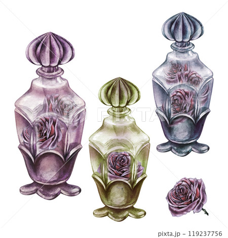 Vintage dark gothic purple roses inside a clear glass vintage bottles. Watercolor illustration template for aromatherapy, witch magic potion, alchemy, Halloween, medicine, magical dreams, beauty spa Vintage dark gothic purple roses inside a clear glass vintage bottles. Watercolor illustration template for aromatherapy, witch magic potion, alchemy, Halloween, medicine, magical dreams, beauty spa 119237756