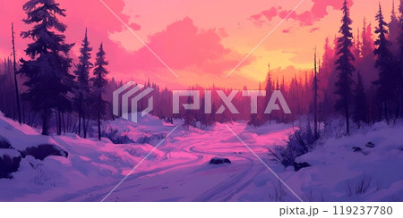 Pink and purple sunset over a snowy forest. 119237780