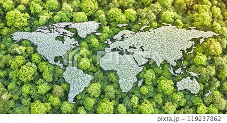 World map formed by green trees, a symbol of nature and sustainability. 119237862