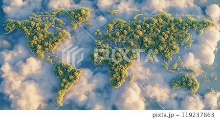 A world map made of lush green trees against a backdrop of fluffy clouds. 119237863