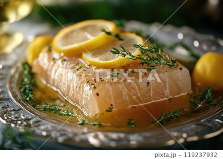 Salmon fillet seasoned with lemon, parsley and spices, on white plate 119237932