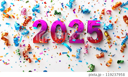 2025 new year celebration greeting with foil balloons and confetti 119237958