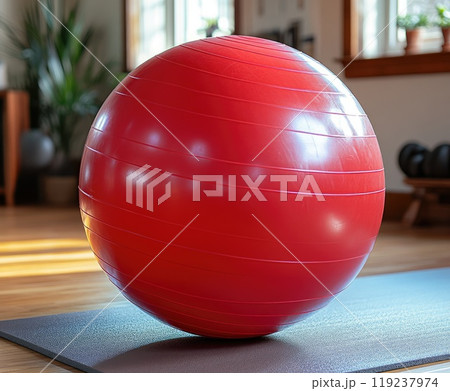 Red fitness ball sitting on exercise mat in gym 119237974