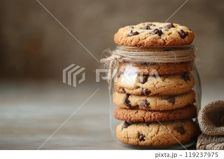 Peanut butter cookies being stored in glass jar with string 119237975