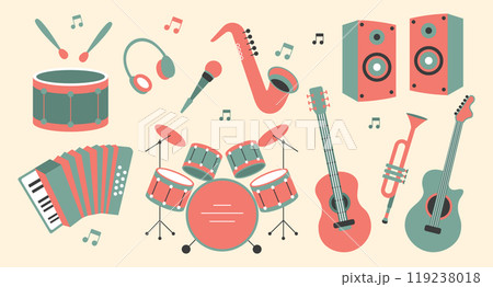 Set of musical instruments, saxophone, drums, guitars, accordion, trumpet, microphone. Retro style illustration 119238018
