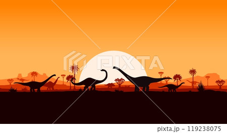 Dinosaurs silhouettes on sunset landscape with prehistoric palm trees, hills and plants. Vector serene background with sauropod dino shadows roaming peacefully in front of large sun in orange dusk sky 119238075