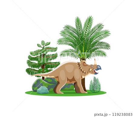 Dinosaur, cartoon prehistoric lizard Centrosaurus in Jurassic forest, vector character. Centrosaurus dinosaur or prehistoric dino character with horns for kids Jurassic paleontology extinct animals 119238083