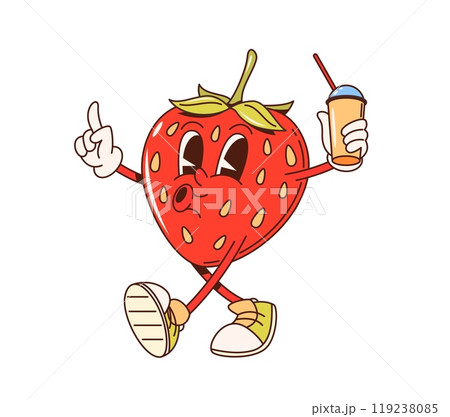 Retro groovy strawberry berry character walking with a cup. Isolated cartoon vector lively fruit personage wears sneakers, holding paper mug with drink, radiating joy, with expressive eyes and a smile 119238085