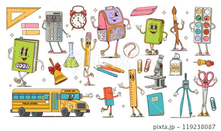 Cartoon retro groovy school education stationery characters. Cute hippie book, pencil, backpack and school bus vector personages. Funky psychedelic scissors, ruler and calculator groovy characters 119238087