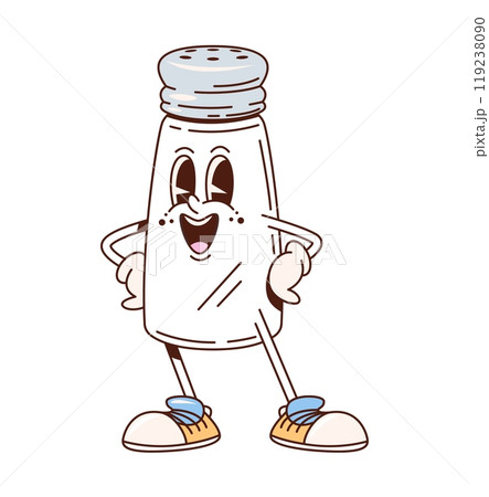 Salt shaker retro groovy kitchenware and utensil character. Isolated cartoon vector culinary personage with a smiling face, cheerful expression and wearing sneakers, exudes a playful and friendly vibe 119238090