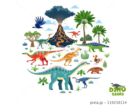 Cartoon prehistoric dinosaurs, jurassic forest and volcano round banner. Funny dinosaur animals and dino birds vector characters, jungle palms. Cute argentavis, lystrosaurus, anatotitan and raphus Cartoon prehistoric dinosaurs, jurassic forest and volcano round banner. Funny dinosaur animals and dino birds vector characters, jungle palms. Cute argentavis, lystrosaurus, anatotitan and raphus 119238114