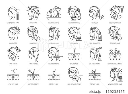 Hair care and treatment icons of vector woman beauty salon set. Thin line shampoo, dye conditioner, brush, comb and towel. Outline woman head with health hair, follicle, dandruff and haircut symbols 119238135